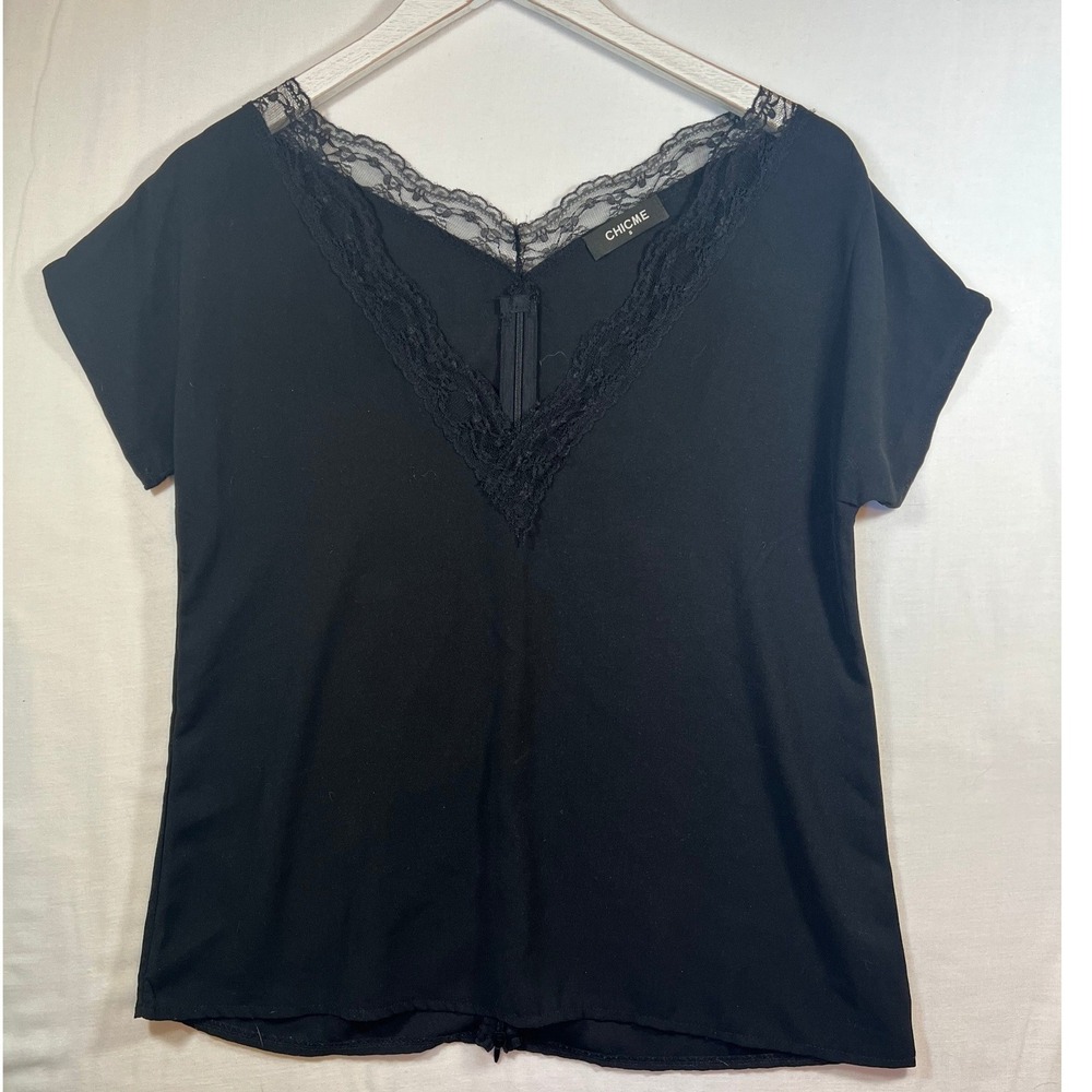 ChicMe Womens Black Lace Trim V-Neck Short Sleeve Split Back Blouse‎ Top Small